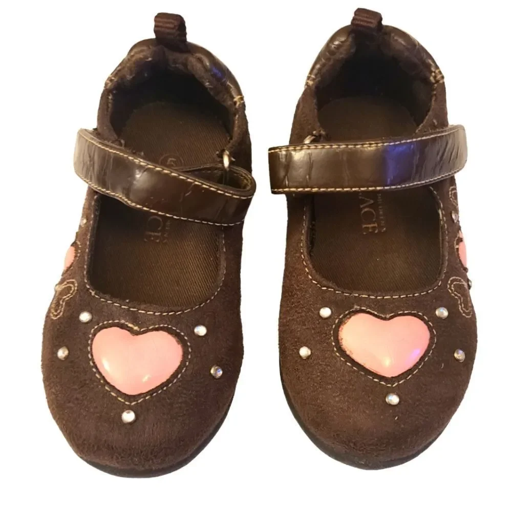Children's Place Shoes Mary Jane's  sz‎ 5 Brown Suede Pink Hearts NEW